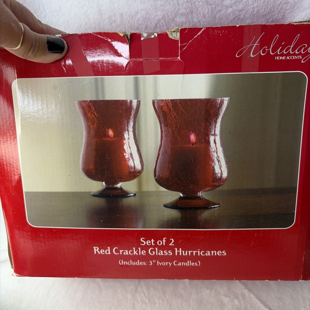Home Accents Holiday Red Crackle Glass Hurricane Candle Holders Set of 2 Candles